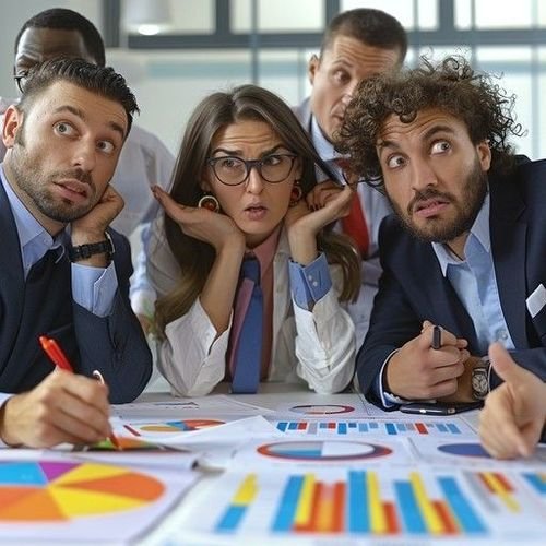 Equipo de trabajo confundido en una reunión de negocios, sin claridad sobre quién debe tomar la decisión